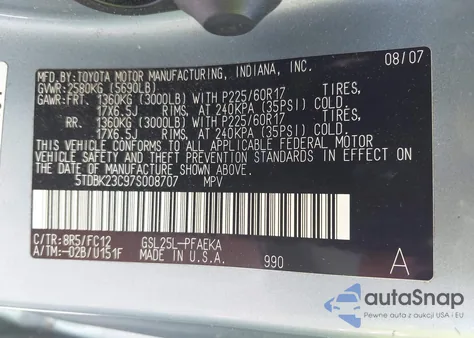 2007 Toyota Sienna Le из США, поврежденный, VIN 5TDBK23C97S008707